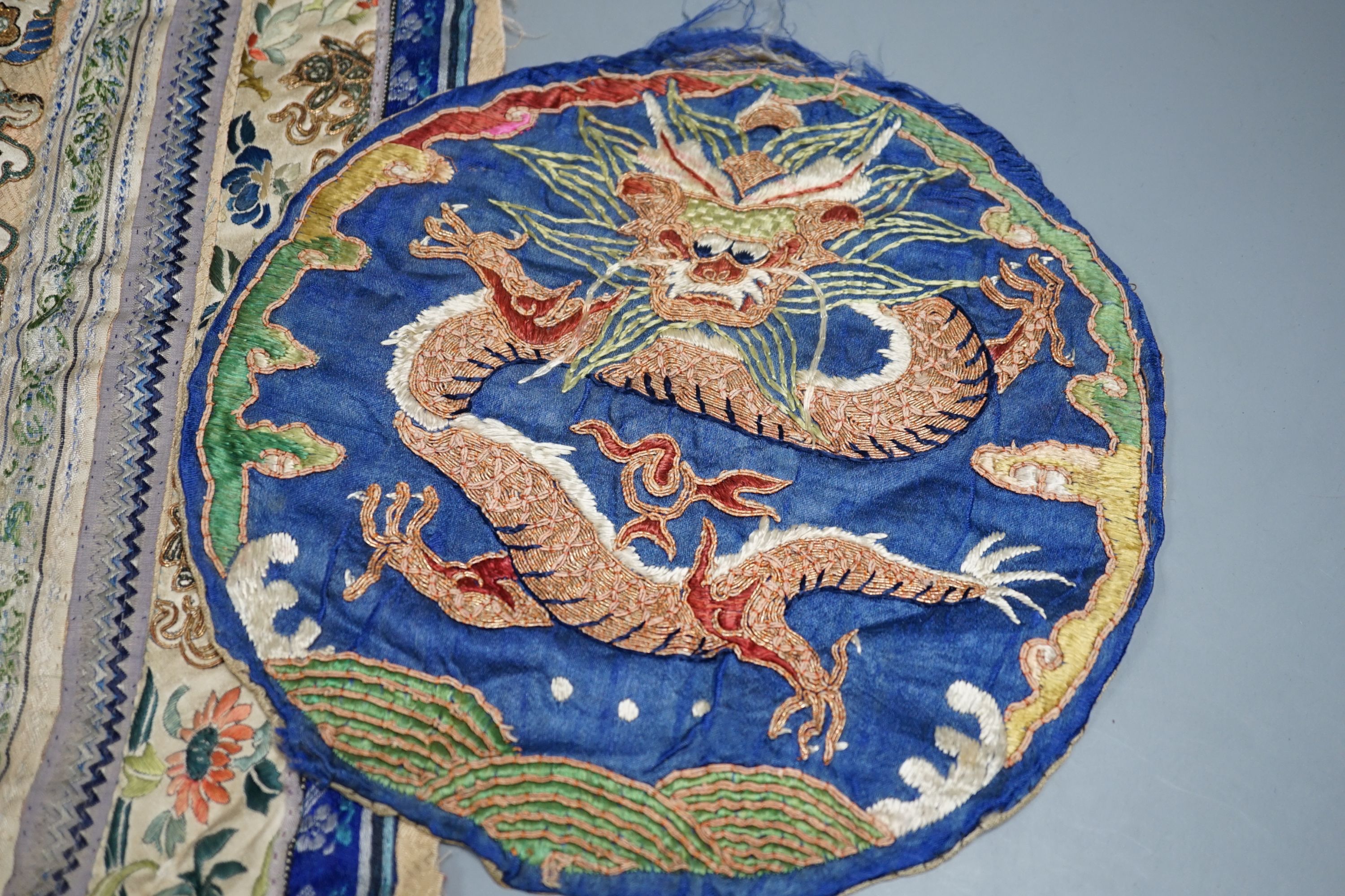 Two Chinese embroideries, Qing, longest 45 cms long x32 cms wide.